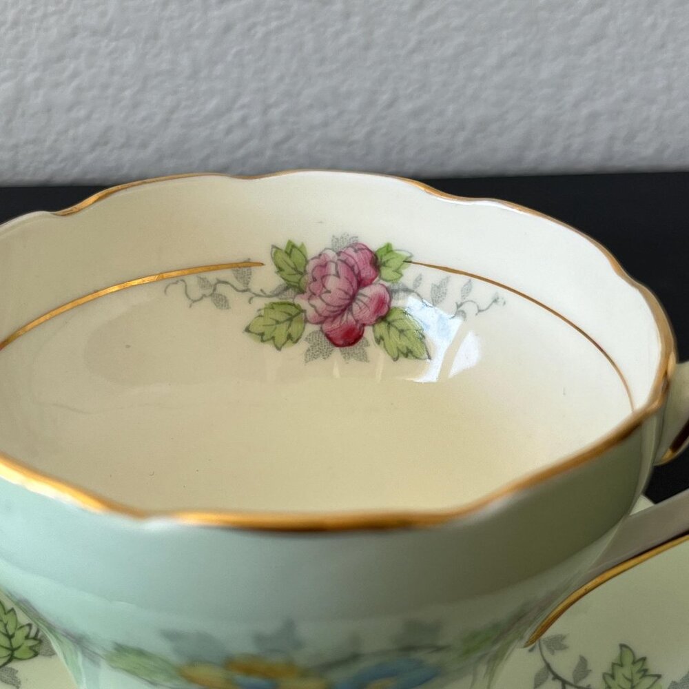 Mint Green Floral Tea Cup & Plate Set // Delphine China England // Floral Design - Picture 4 of 8